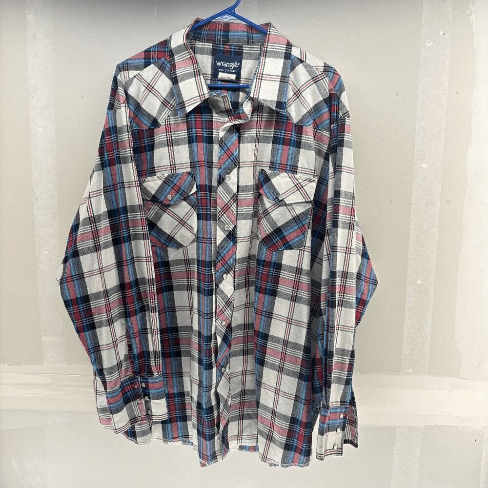 Wrangler Western Shirt Men's 3XL Chambray Pearl Snap Long Sleeve Shirt Plaid